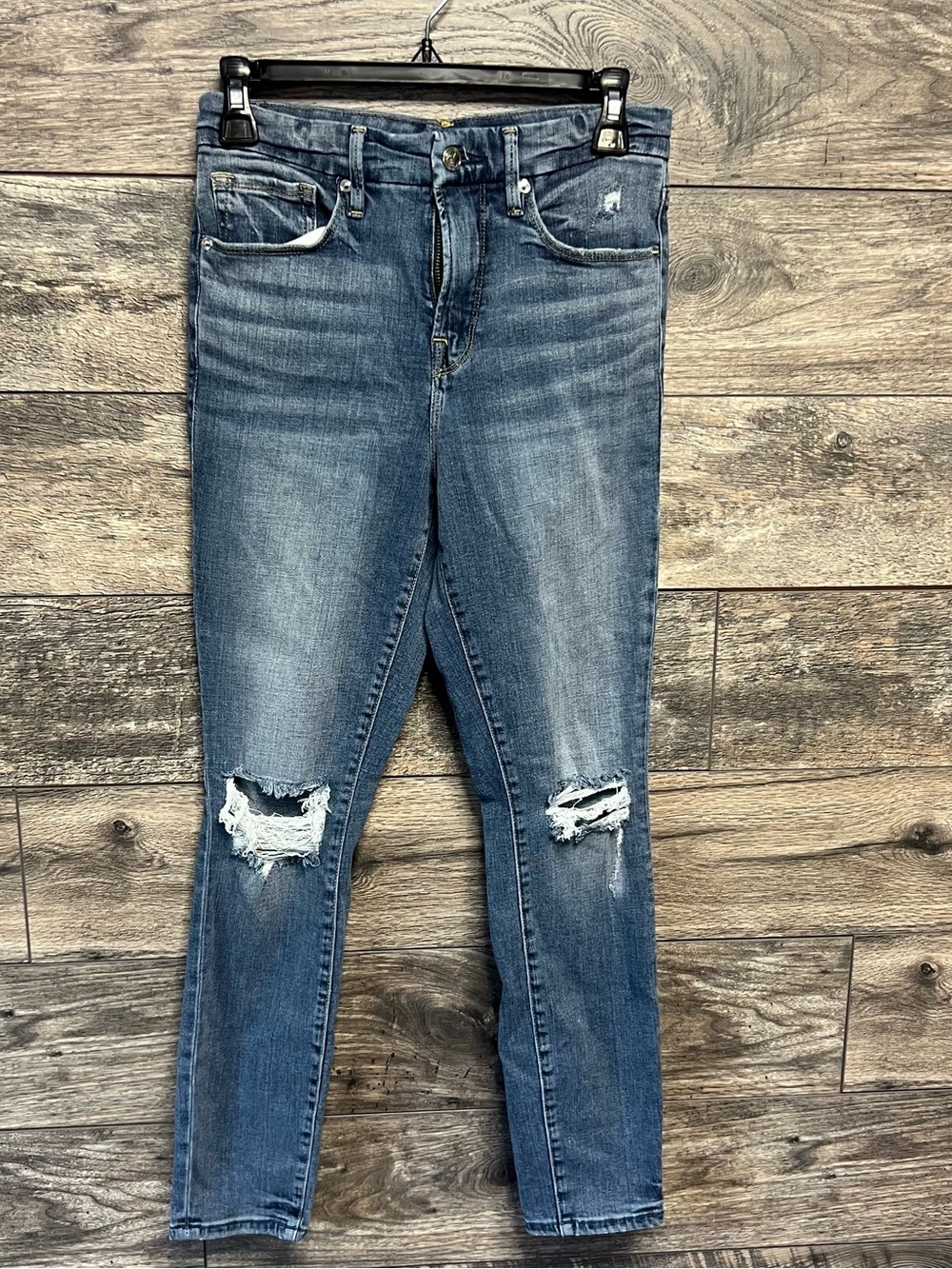 Good American Women’s Distressed Skinny Jeans Size 4/27 Blue Stretch Denim
